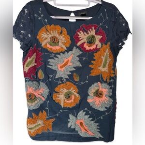 Anthropologie Deletta Shirt Sz XS Blue Short Sleeve T Shirt Appliqué Floral